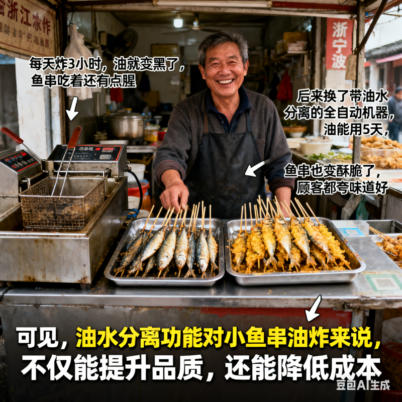 全自动小鱼串油炸机能否油水分离？(2)